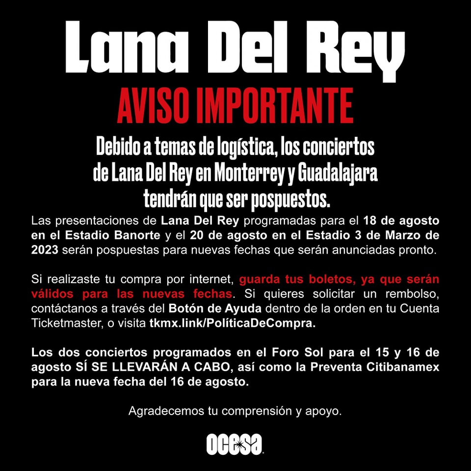 Lana Del Rey comunicado 2023 concierto pospuesto
