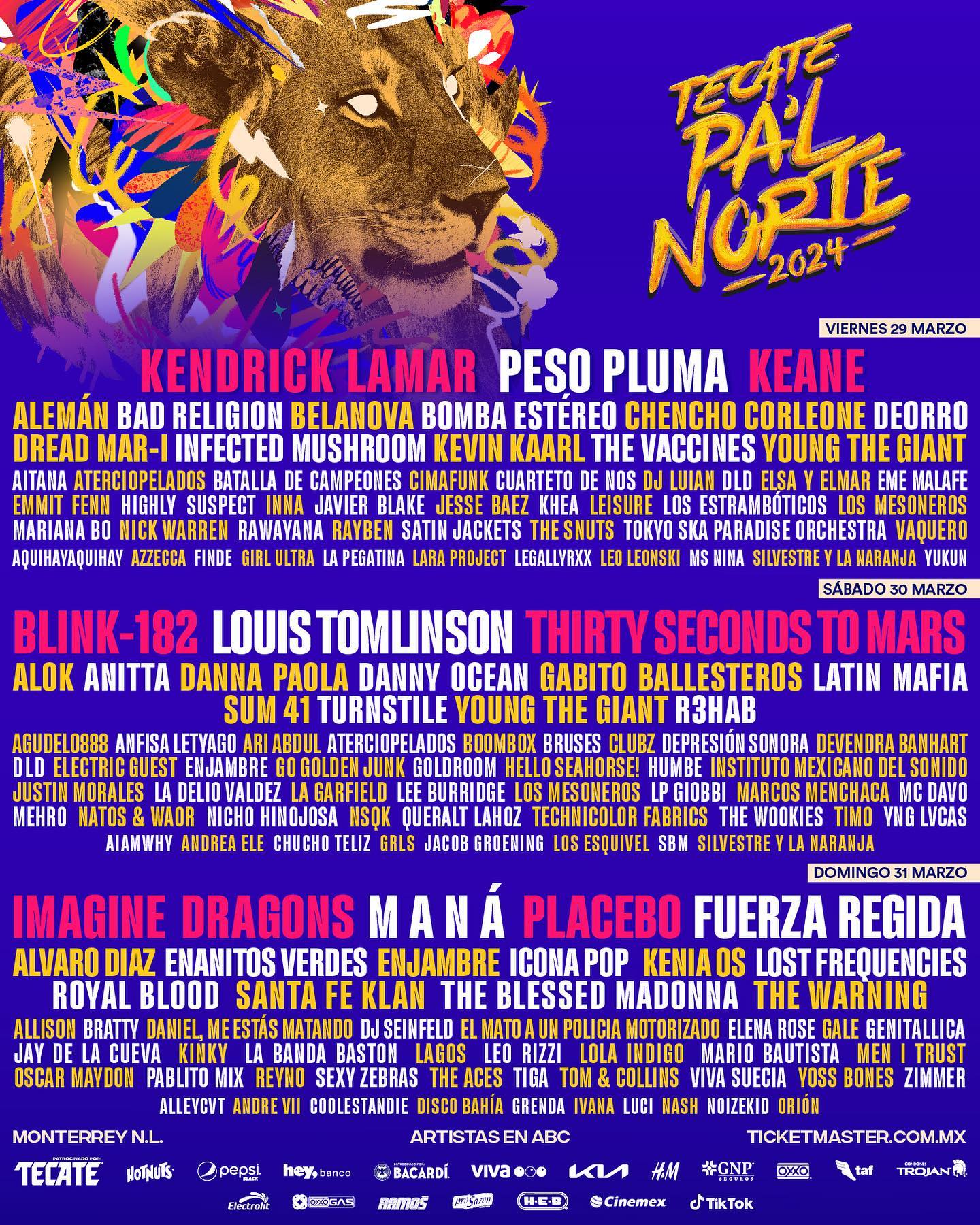 Kendrick Lamar, Peso Pluma y Blink-182 en Tecate Pa'l Norte 2024