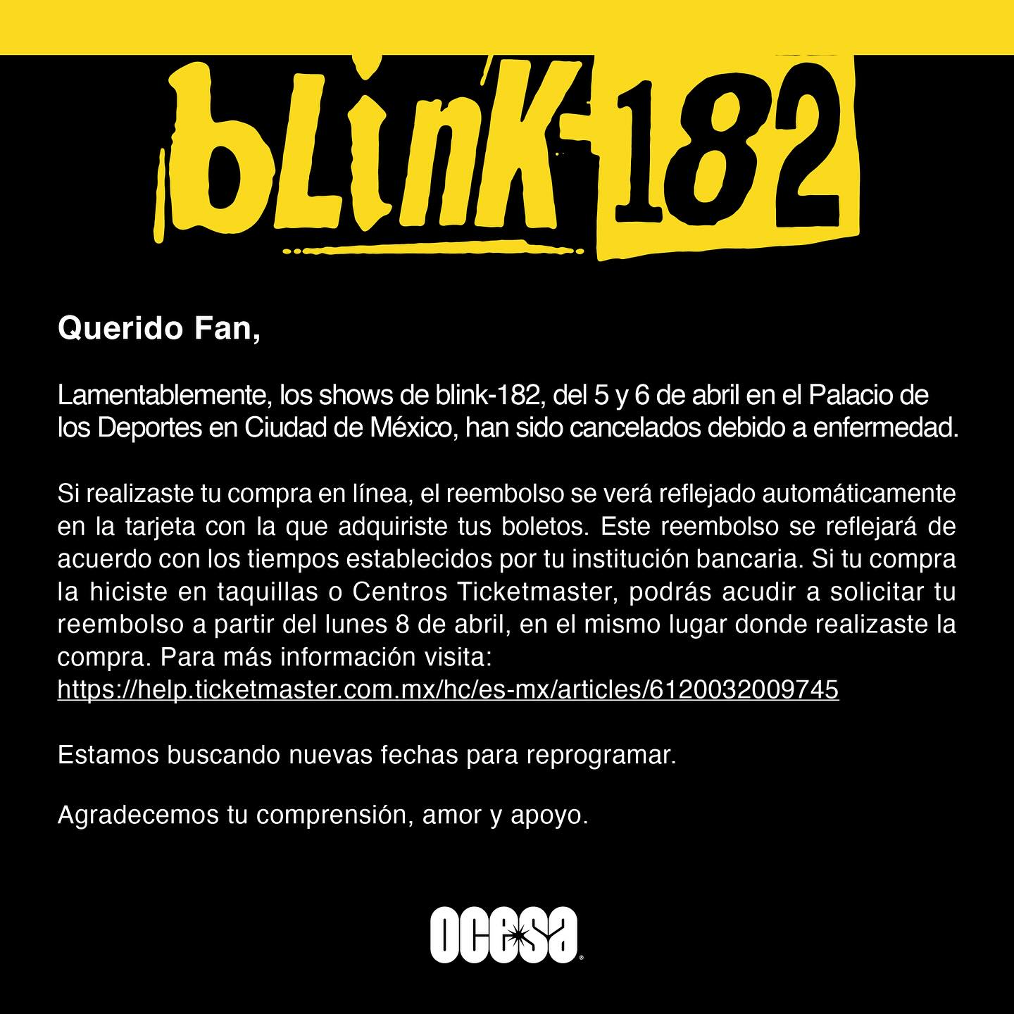 Blink 182 Comunicado Cancelacion