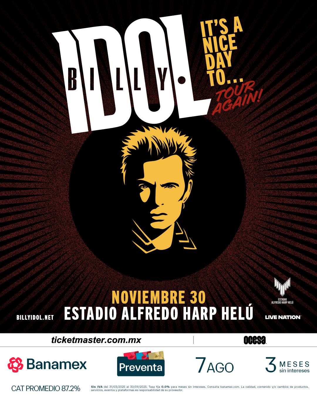 PRECIOS: Billy Idol se presentará en el Estadio Alfredo Harp Helú