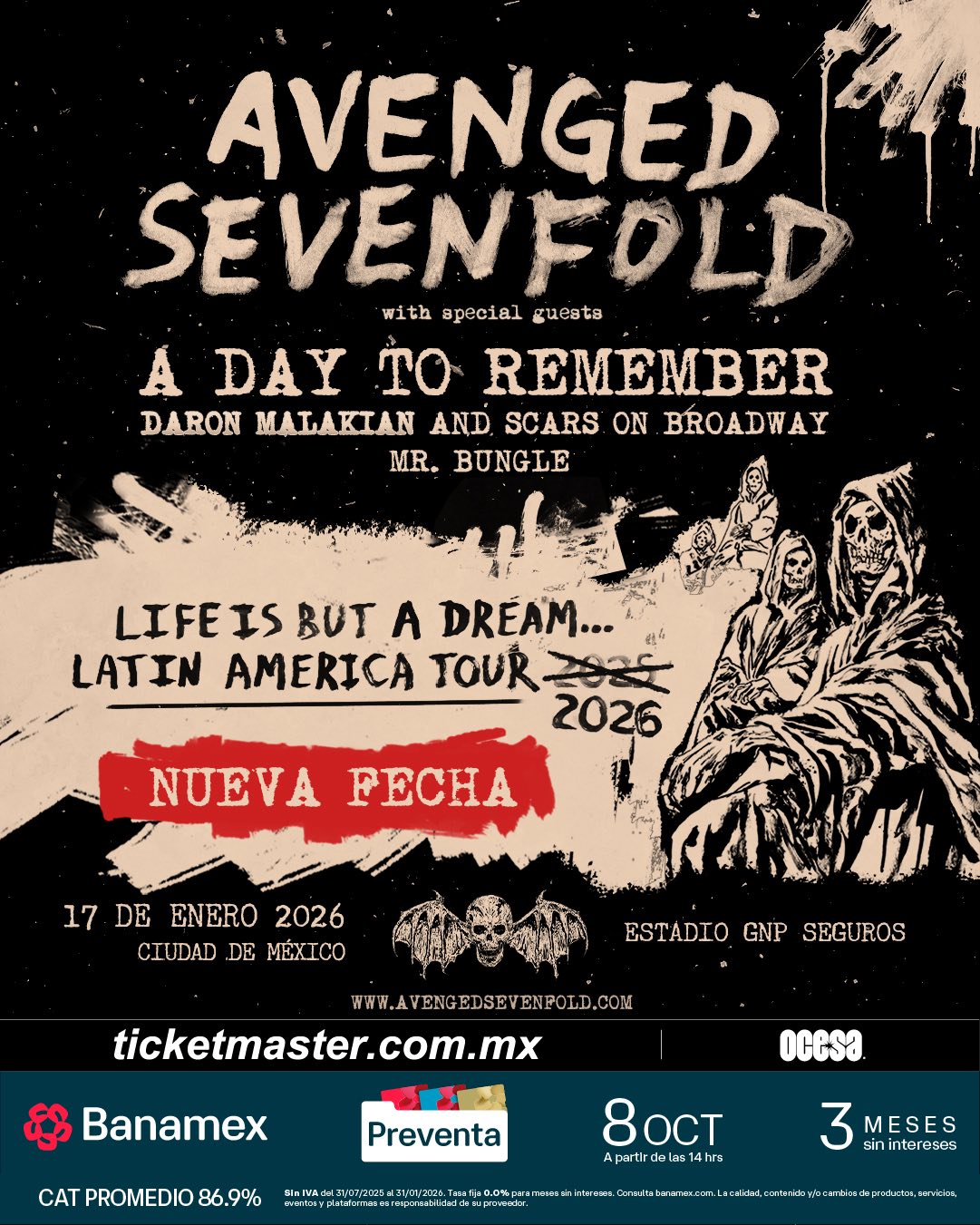 PRECIOS: Avenged Sevenfold llegará al Estadio GNP Seguros