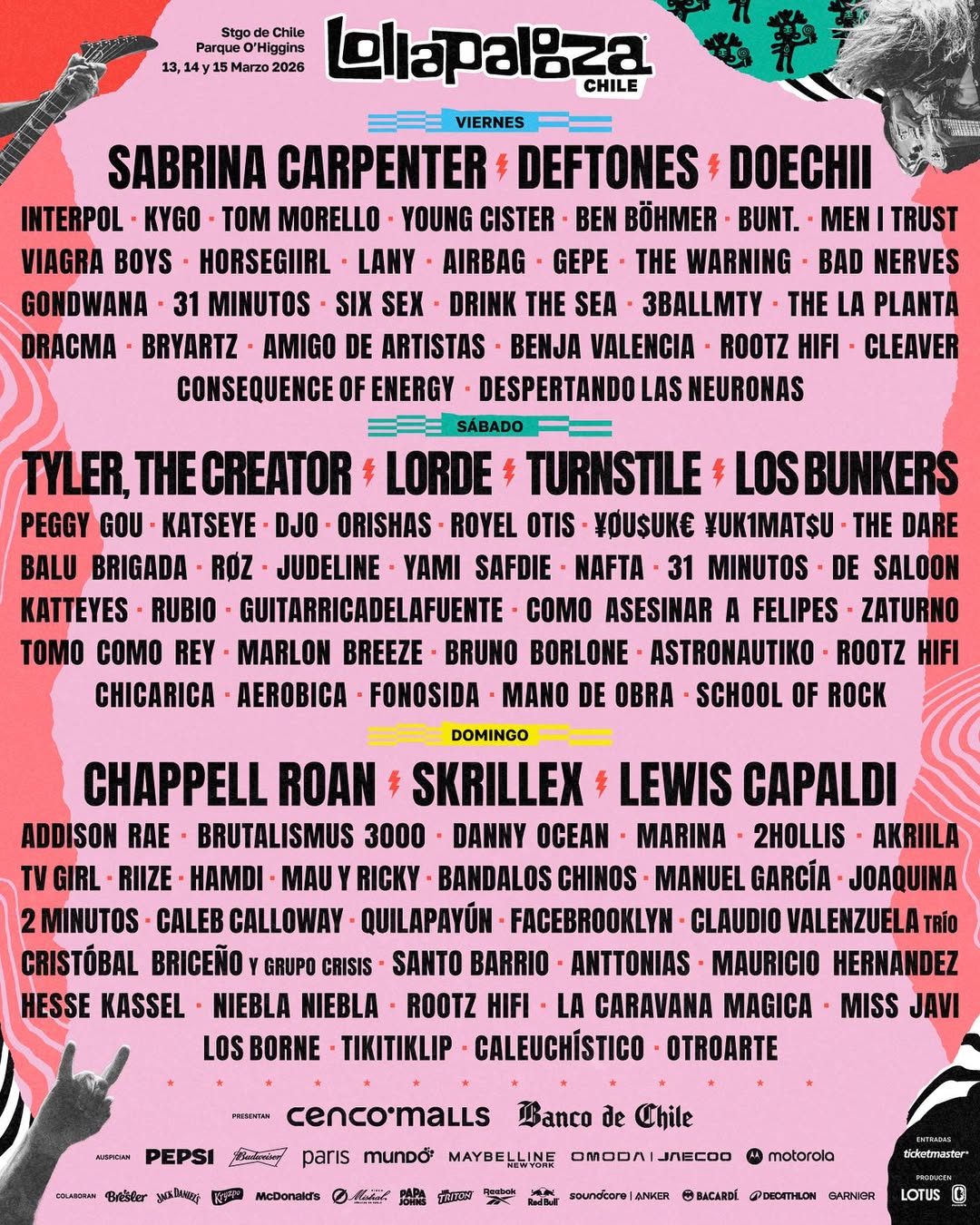 Lollapalooza Chile 2026 anuncia lineup por día