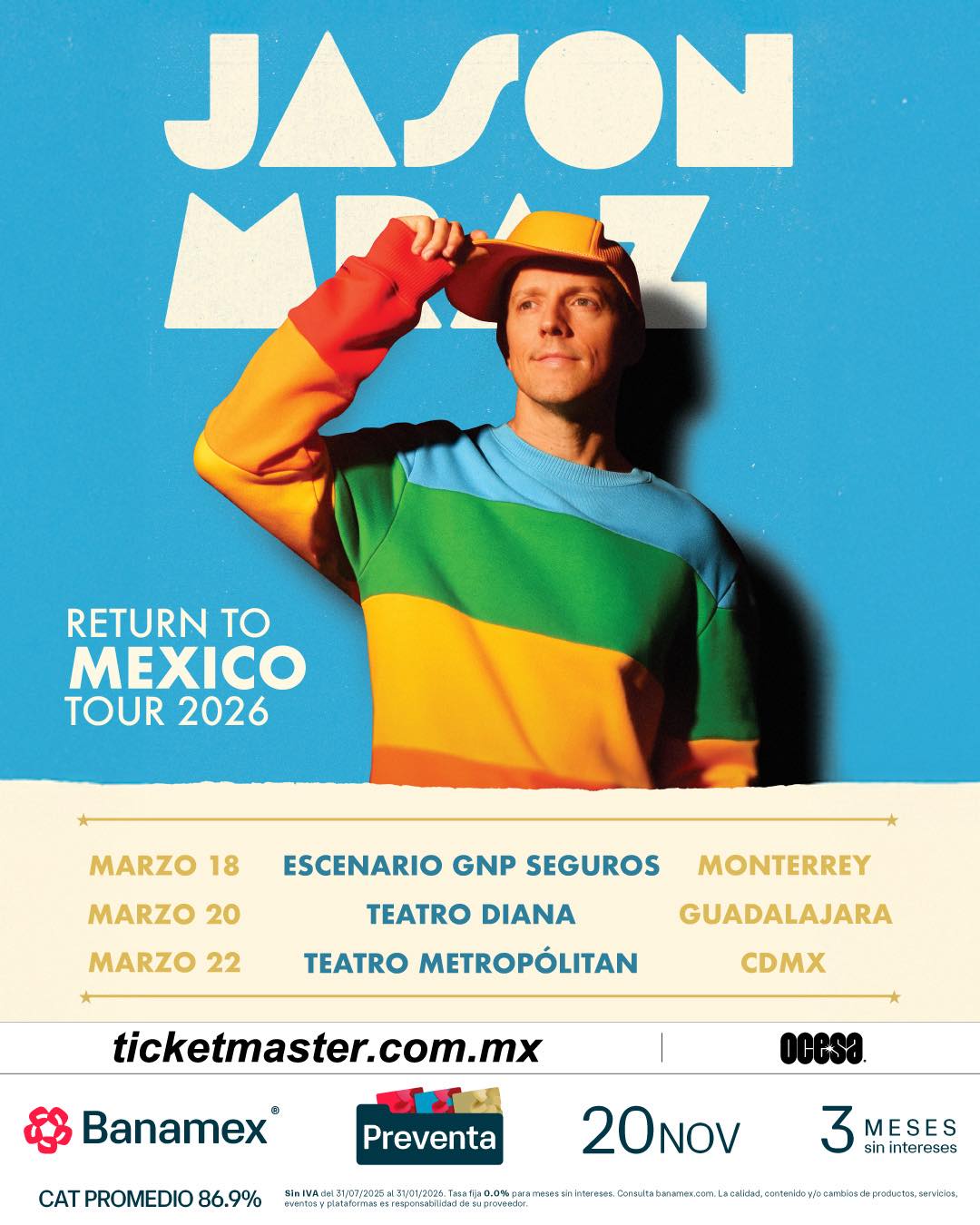PRECIOS: Jason Mraz se presentará en el Teatro Metropólitan