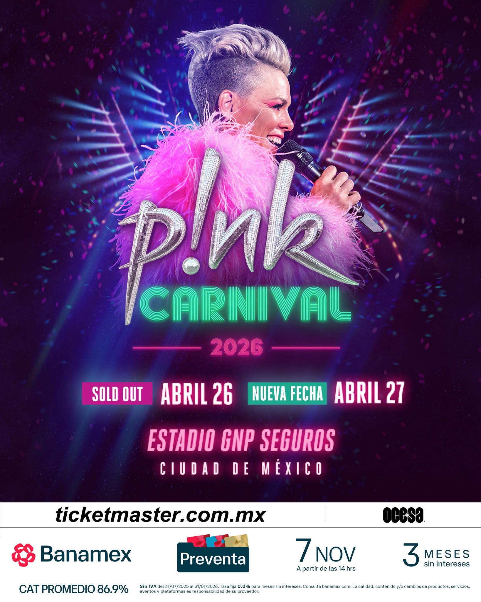 NUEVA FECHA: P!nk llegará al Estadio GNP Seguros