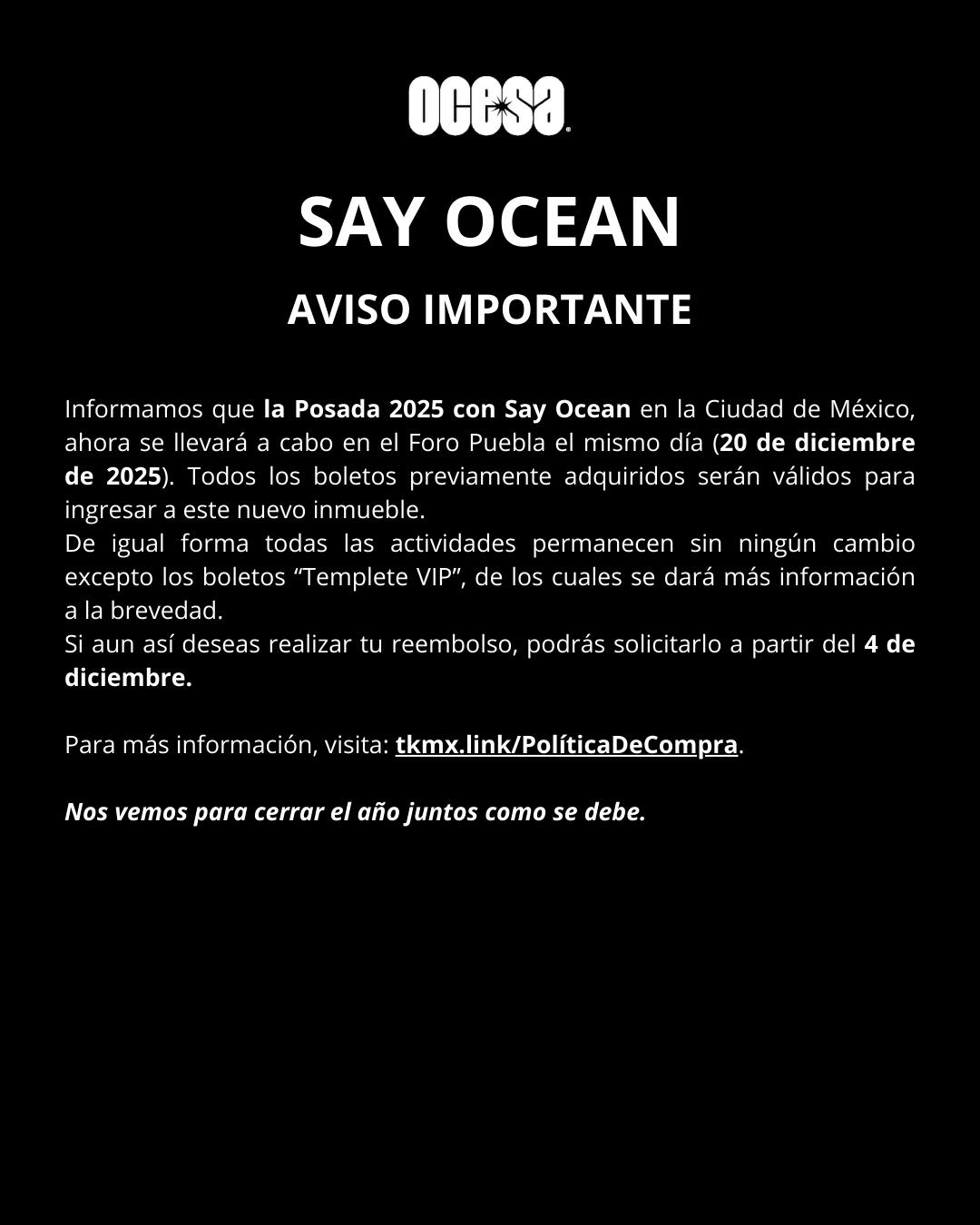 Say ocean cambio de venue