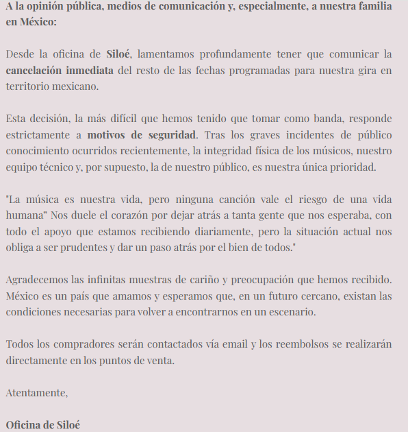 Siloe comunicado cancelacion