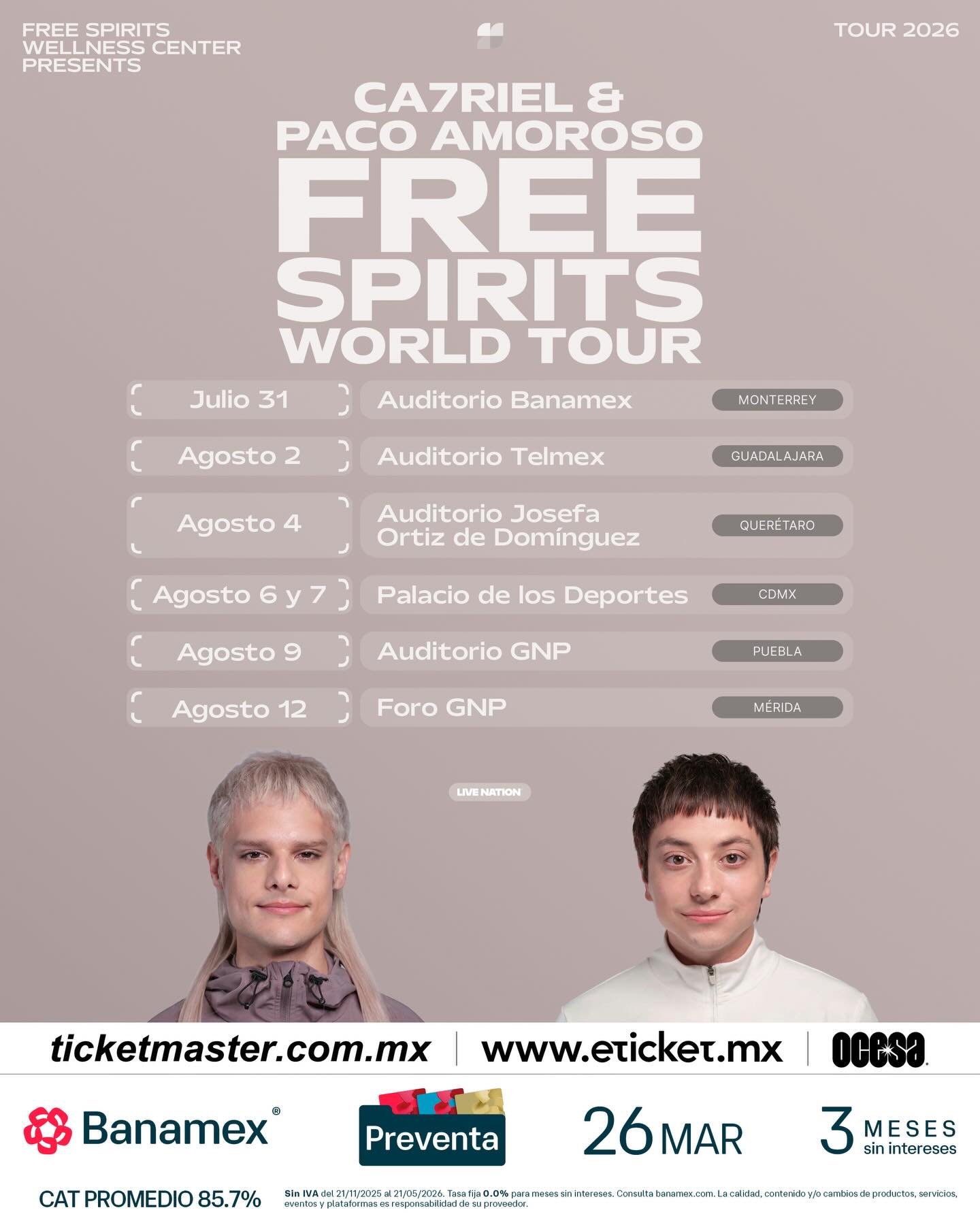 CA7RIEL & Paco Amoroso se presentarán en el Palacio de los Deportes