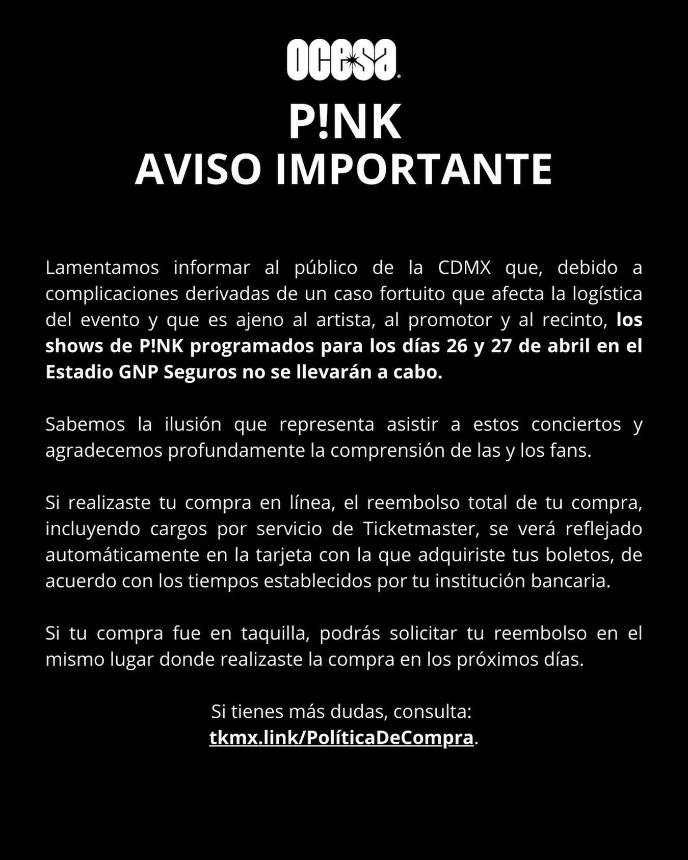 Pink estadio gnp seguros cancelado