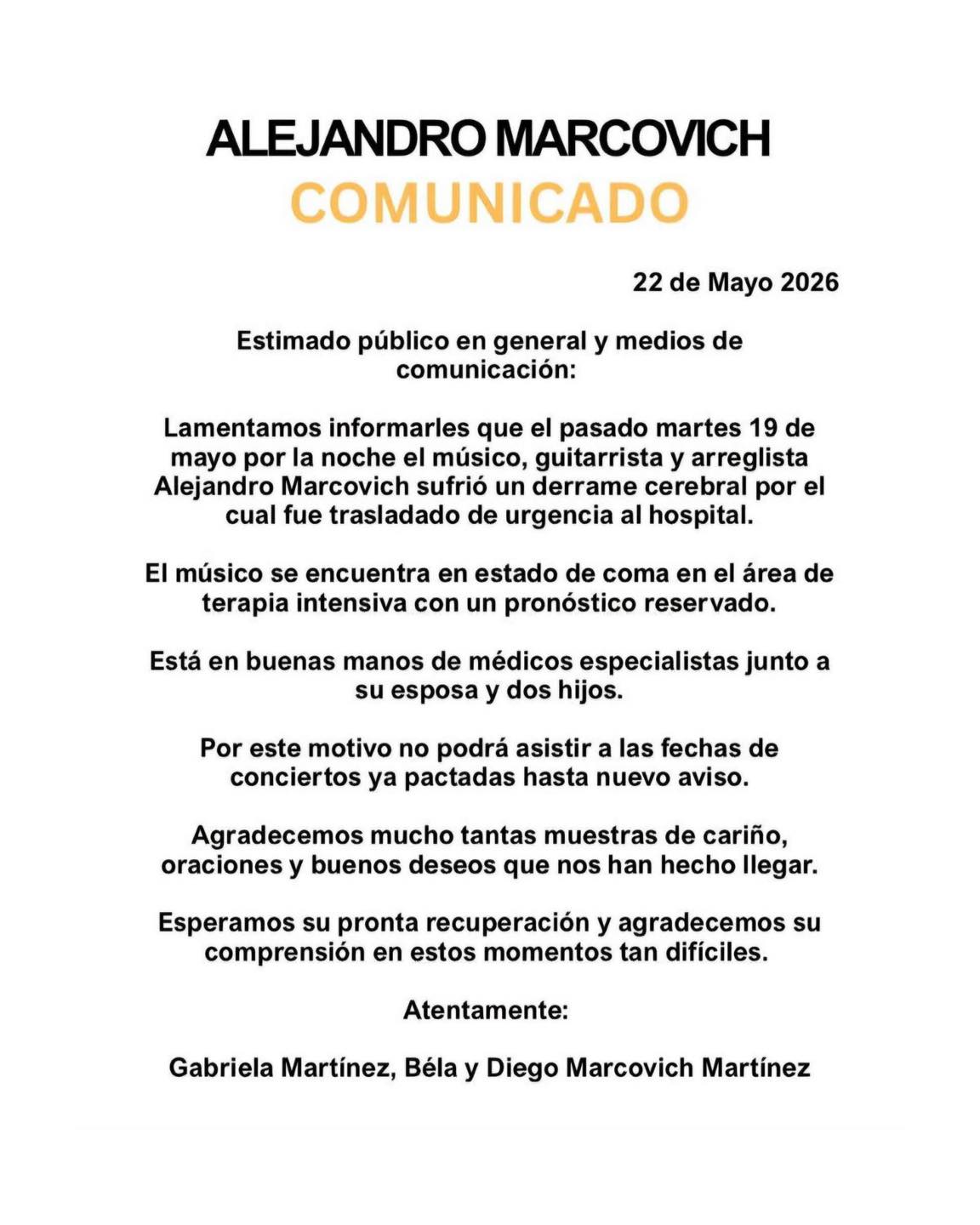 Alejandro marcovich comunicado