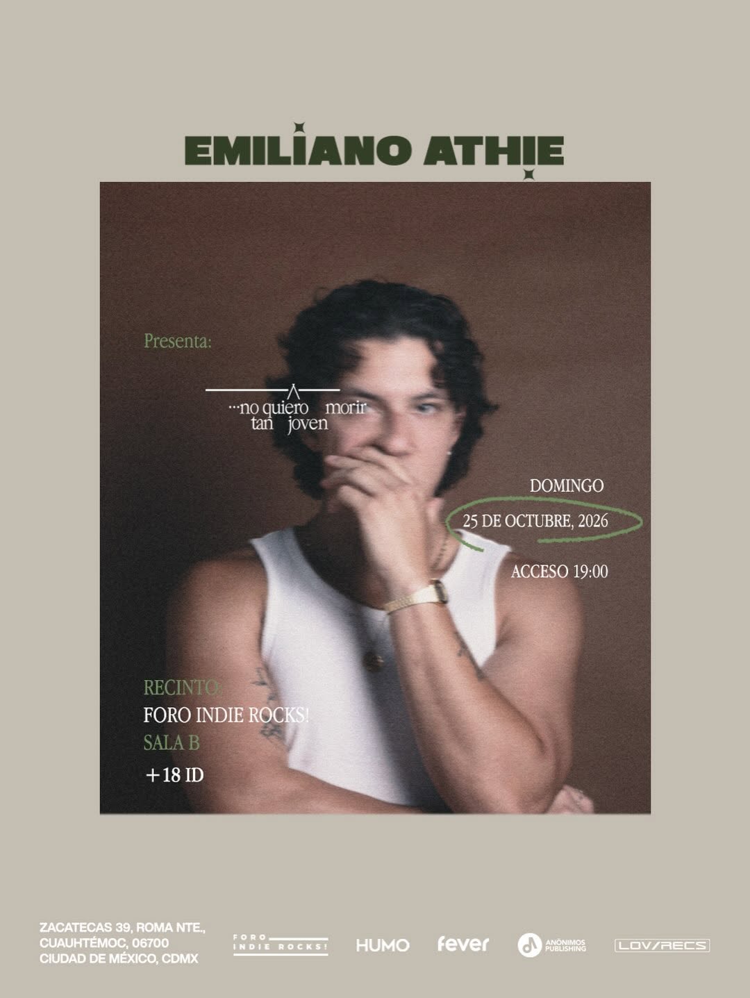 PRECIOS: Emiliano Athie llegará al Foro Indie Rocks!